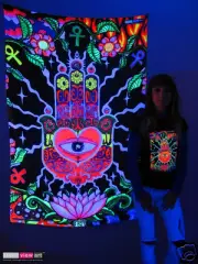 HAMSA EYE HAND Psychedelic Art UV Blacklight Tapestry Wall Hanging Backdrop Deco
