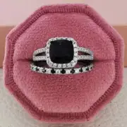 3 Ct Cushion Cut Lab Created Black Diamond Bridal Set Ring 14k White Gold Plated