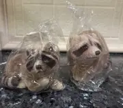 2 Vintage Flocked Raccons Laying And Crouching~ Still In Bags