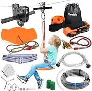 Zipline Kits for Backyard Kids,with 6ft Zipline Spring Brake and Belt,Zip line Trolley with Handle,seat and Bag (100ft)