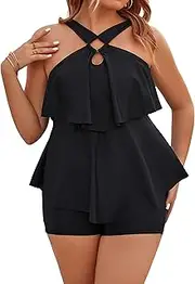 [Blooming Jelly] Womens Plus Size Tankini Swimsuits Two Piece Bathing Suits Tummy Control Flounce with Shorts