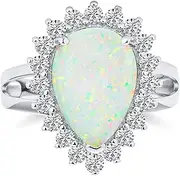 [Bling Jewelry] Personalized Big Halo Pear Shape Teardrop Statement Created White Opal Engagement Ring Cathedral Setting Gemstone Ring For Women .925 Sterling Silver October Birthstone Customizable