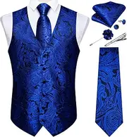 [DiBanGu] Men's Paisley Waistcoat and Necktie Pocket Square Cufflink Vest Suit Set for Tuxedo