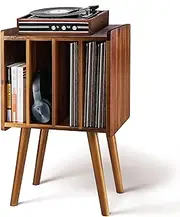 2BHOME Wooden Record Player Stand, Vinyl Storage Holder Table with 4 Cabinets, Holds up to 100 LPs, Metal Organizer Classical Design for Files/Book (Mid-Century Modern) (2BRT#2)