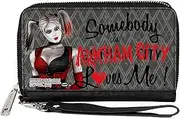 [Buckle-Down] DC Comics Wallet, Zip Around, Harley Quinn Somebody In Arkham City Loves Me Grays Black Red, Vegan Leather, 7.5"x4.5", Casual
