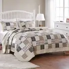 Twin Full Queen King Bed Beige Plaid Patchwork 3 pc Cotton Quilt Set Coverlet