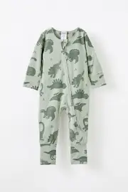 [Cotton On Kids] Cotton On Kids - The Long Sleeve Zip Romper - Deep sage/dino stomp NEWBRN DEEP SAGE/DINO STOMP
