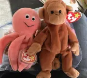 2 Ty Beanie Babies Baby Inky the Pink Octopus & Bongo the Monkey Plush Animals