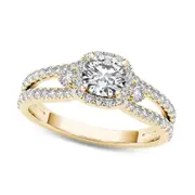0.88 CT. T.W. Natural Diamond Cushion Frame Split Shank Engagement Ring in Solid 14K Gold
