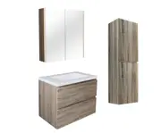 750mm White Oak Qubist MDF Wall Hung Vanity With Ceramic Top With Shaving Cabinet and Tall Boy