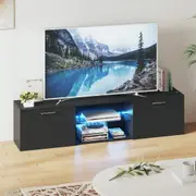 Advwin TV Cabinet 160cm LED Entertainment Unit Stand w/ Glass Storage Shelf Modern Media Console Table Black