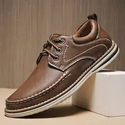 Men's Brown Faux Leather Casual Derby Shoes – Contrast Stitching Lace-up Design for Daily Commutes, Weekend Outings and Business Casual Style