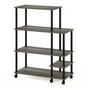 Furinno Kitchen Cart 35"W 4-Tier Wide Storage Shelf Wood+Plastic French Oak Grey