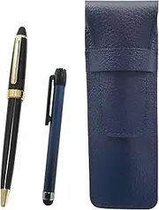 SASL-ALL-600B-B Grain Leather Pen Case Blue Metal Touch Stick Blue and Neo D-600 Ballpoint Pen Set Black