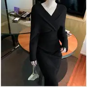 Long-Sleeve V-Neck Plain Ribbed Open Back Midi Sheath Knit Dress Black - One Size