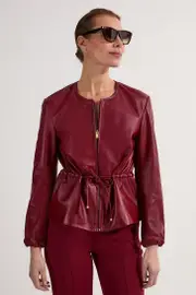 Leather Drawstring Tailored Collarless Jacket
