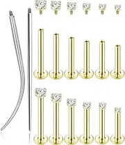 [Tornito] 6Pairs 18K Gold Plated Internally Threaded Nose Piercing Studs Stainless Steel Lip Studs CZ Flat Back Stud Earrings Nostril Labret Conch Cartilage Earrings Helix Tragus 6/7/7/8/10/12mm 16G 18G