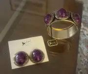 Vintage Unsigned CORO Hinged Wide Bangle Bracelet Clip Earrings Set w/ orig tags