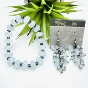 Vintage Trifari Blue Crackle, Gunmetal Mirror Beaded Earrings & Elastic Bracelet