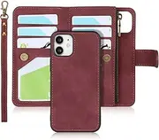 iCoverCase iPhone 12 Mini Wallet Case with Card Holder, 2 in 1 PU Leather Case with Magnetic Clasp Zipper Pocket Shockproof Detachable Flip Case with Wrist Strap for iPhone 12 Mini (Claret)