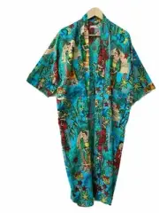 Farida Kahlo Full Length 3/4 Sleeves Blue Women Robe 100% Cotton Kimono Dress