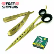 ZEEPK BARBER SALON HAIR STYLIST HAIR DRESSER SHEAR SCISSOR + SHAVING RAZOR GOLD