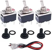 Taiss/3 Pcs Rocker Toggle Switch Heavy Duty 4 Pin 2 Position ON/Off DPST 16A 250VAC Spade Terminal Metal Bat Switch with Waterproof Boot Cap and 6.3mm Terminal Wires TEN-1221MX-B201