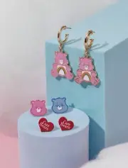 Care Bears Earrings Dangle Drop Earrings Pink & Blue Bear Heart Set of 3 Pairs