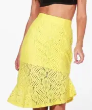 NEW BOOHOO Skye Peplum Hem Lace Midi Skirt Yellow sz Small