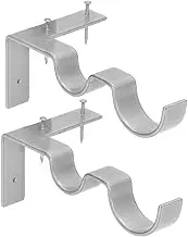 2 PCS Double Curtain Rod Bracket, Hanging Type Curtain Rod Wall Bracket Hooks, Heavy Duty 20lb Curtain Rod Holder for 1in and 0.7in Rod, Curtain Rod Hooks for Window, Bedroom (Silver)