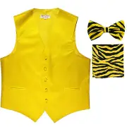 New Men's Formal Vest Tuxedo Waistcoat yellow ZEBRA Bowtie & Hankie set wedding