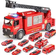 [skirtoy] Fire Truck Toy for Kids,12''Toddler Toy for Boys,Friction Powered Kids Firetruck Toys with Simulated Sound and Light,Ladder,Water Pump,Birthday Gifts for Boys Age 3-5