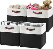 Patvingot 13 Inch Cube Storage Bins,Set of 4, Foldable Storage Basket with PU Handles for Organizing Home, Closet, Clothes, Toy, Book, Laundry,Office, Organizers for Shelves (White&Black)