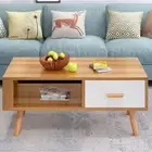 Natural Coffee Table, White Sliding Drawer, Scandinavian Style, Modern