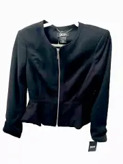 DKNY Jacket Black Zippered Peplum Suit Blazer Size 8 Logo Zipper Pull New