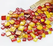 500g/1.1 Pounds Glass Mosaic Tiles, Irregular Crystal Mosaic Tiles for Crafts Bulk and Tiny Stepping Stone kit, Transparent Stained Glass Sheets for Handmade Art Crafts and Home Decoration,Red-Orange