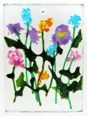 FLOWER WINDOW, WALL HANGING, Kiln Fused Stained Glass 2.5"x3.5" ACEO Sun Catcher
