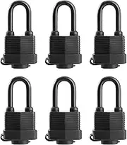 Waterproof Keyed Alike Padlocks for Outdoor use, Laminated Steel Lock Body with Plastic Covered, 1-9/16 Inch. Wide, Long Padlock, Pack of 6