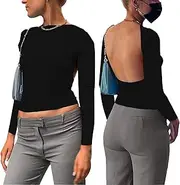 [ZPLxi] Women's Backless T-Shirts Y2K Crop Top Solid Casual Long Sleeve Crewneck Sexy Vintage Cut Out 2022 Summer Fashion