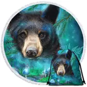 Forest Animals Moonlight Magic Black Bear Round Beach Towel