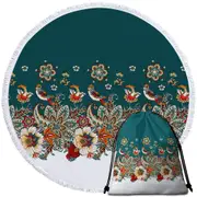 Oriental Art Birds Flowers and Floral Mandalas Round Beach Towel