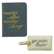 Mud Pie Womens Black Faux Leather Passport and Pewter Luggage Tag Set