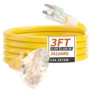 3 FT 12/3 Gauge Outdoor Extension Cord with Outlets Light Indicator, 3 Outlet