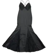 Aidan by Aidan Mattox Black Liquid Satin Lace Gown Sz 8 Spaghetti Empire Waist