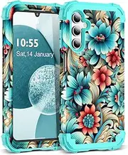 [SleekCover] for Galaxy A14 5G Case,3 in 1 Marble Pattern Heavy Duty Shockproof Protection Soft Silicone Rubber Bumper+Hard Plastic Hybrid Protective Cover for Samsung Galaxy A14 6.6",Blue Flower
