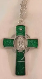 Handsome Openwork Green Finished Chalice Vines Chi Rho Guadalupe Cross Pendant