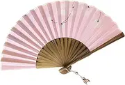 Hand Fan Folding Hand Fans, White Flower Printed Bamboo Folding Fan, Cotton Cloth Handheld Chinese Fan for Parties Ladies