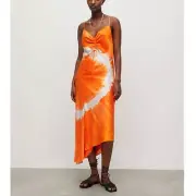 All Saints Women's Size 4 Orange Tiedye Alexia Silk Blend Mariana Midi Dress NWT