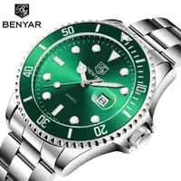 在飛比找蝦皮購物優惠-賓雅benyar男士手錶石英錶時尚防水夜光綠水鬼鋼帶手錶男腕