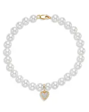 Bloomingdale's Fine Collection Cultured Freshwater Pearl & Diamond Heart Charm Bracelet in 14K White Gold